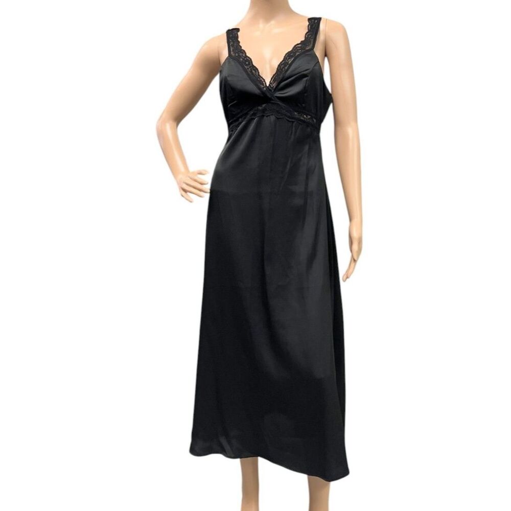 RIHOAS Black Lace V Neck Sheath Satin Maxi Dress Gown Sz XS NWT!